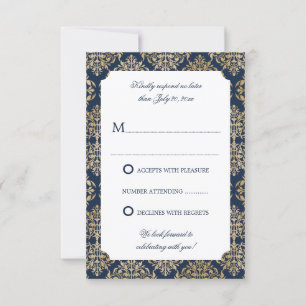 Convites Elegante Resposta RSVP Damasco Ouro Azul Marinho