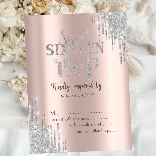 Convites Elegante Resposta RSVP de Glitter Rosa Sweet 16  (Criador carregado)