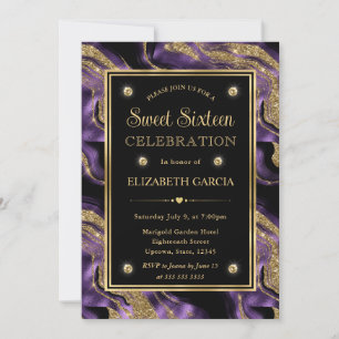 Convites Elegante Rolo de Ágata Roxo e Dourado Sweet 16