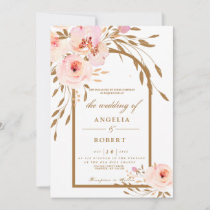 Convites Elegante Romântico Rosa Bege Dourado Casamento Flo
