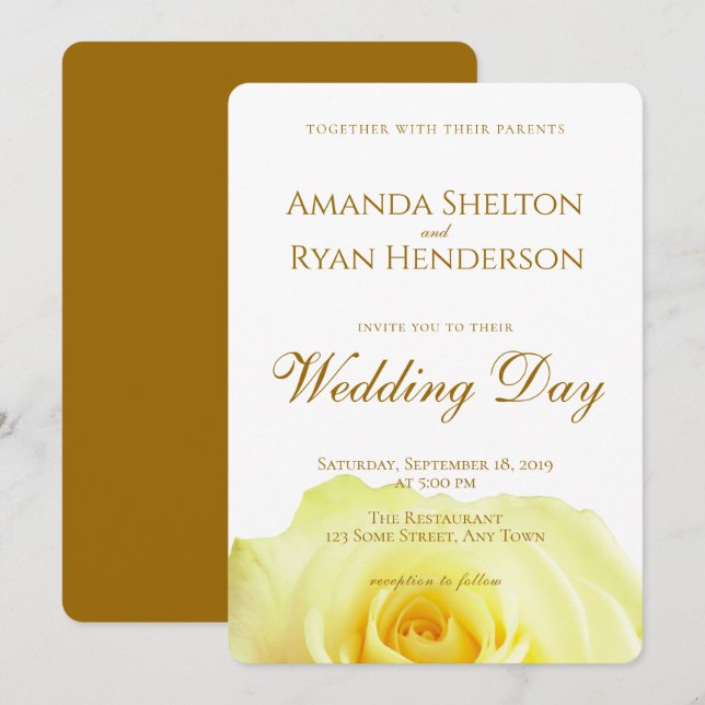Convites Elegante Rosa Amarela Script Casamento Floral (Frente/Verso)
