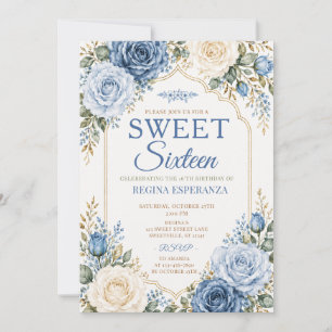 Convites Elegante Rosa Azul Floral Aniversário de Dezesseis