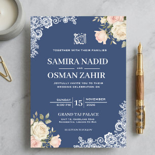 Convites Elegante Rosa Azul Floral Renda Casamento Nikah Mu