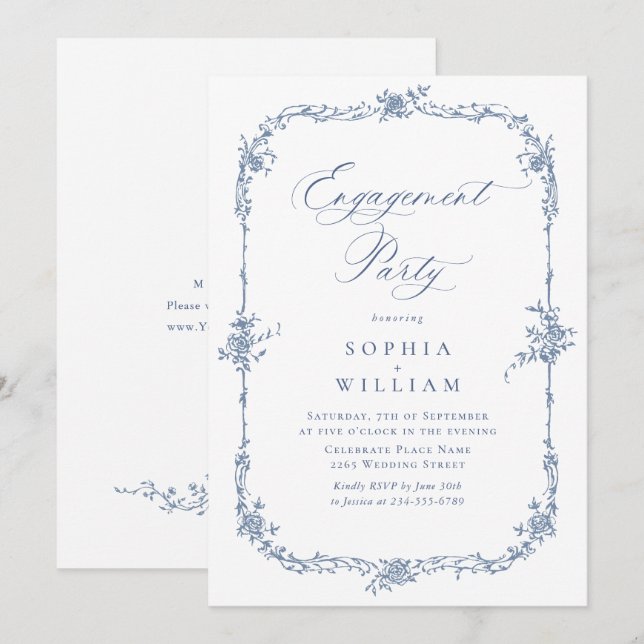 Convites Elegante Rosa azul francês FESTA DE NOIVADO (Frente/Verso)