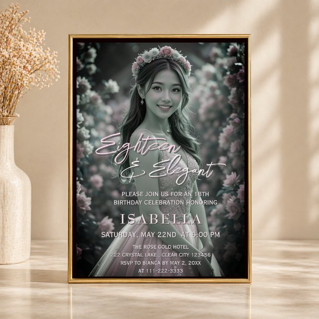 Convites Elegante Rosa Bege Dezoito Foto (Elegant blush pink 18th birthday invitation in gold frame with soft floral photo design)