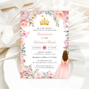 Convites Elegante Rosa Bege Dourado Floral Quinceanera