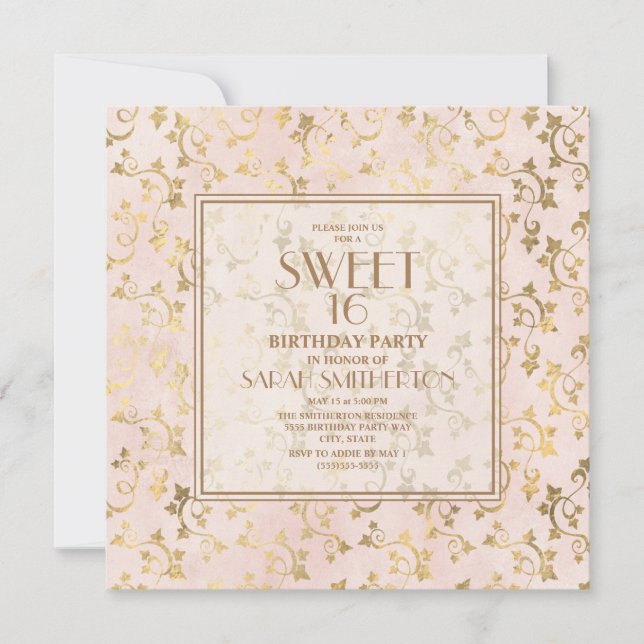 Convites Elegante Rosa Bege Dourado Sweet 16 (Frente)