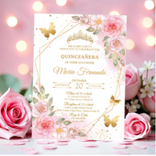Convites Elegante Rosa Bege e dourado Aniversário de Quince
