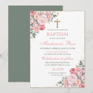 Convites Elegante Rosa Bege e Floral Dourado Batismo