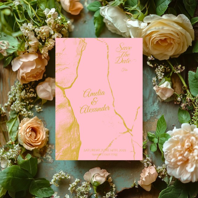 Convites Elegante Rosa Bege e Mármore Dourado Salve a Data (Criador carregado)