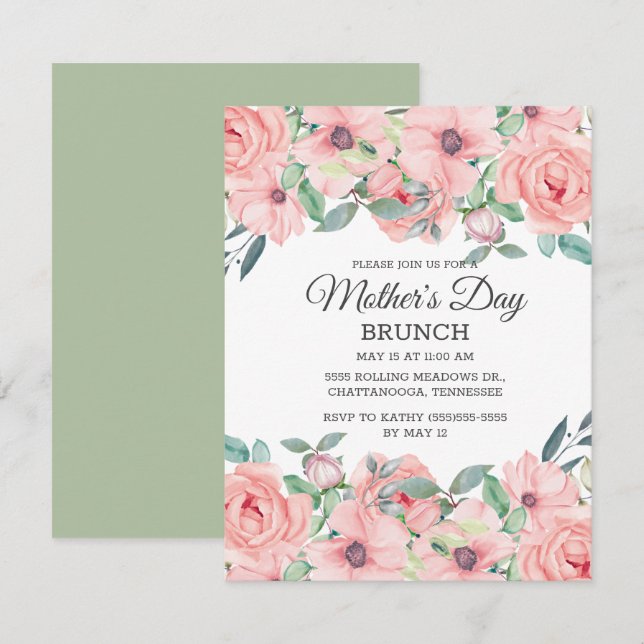 Convites Elegante Rosa Bege e Verde Sage Floral Dia das Mãe (Frente/Verso)