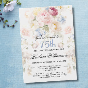 Convites Elegante Rosa Bege Floral Aniversário de 75 anos