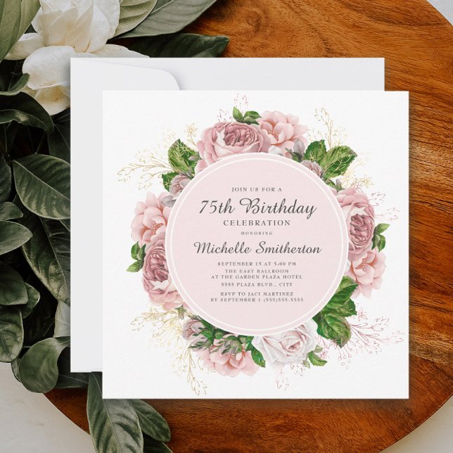 Convites Elegante Rosa Bege Floral Aniversário de 75 anos (Pink vintage floral 75th birthday invitation)
