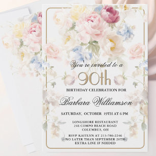 Convites Elegante Rosa Bege Floral Aniversário de 90 anos
