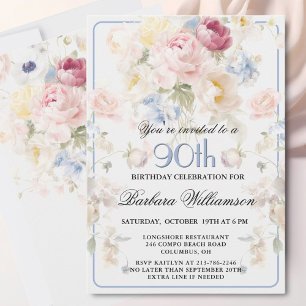 Convites Elegante Rosa Bege Floral Aniversário de 90 anos
