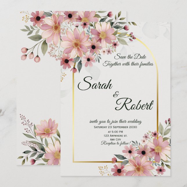 Convites Elegante Rosa Bege Floral Casamento Salve A Data (Frente/Verso)