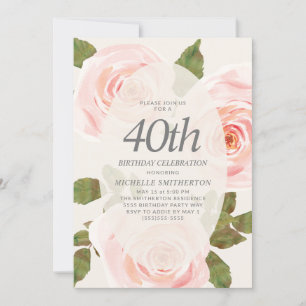 Convites Elegante Rosa Bege Floral de Aniversário de 40 ano