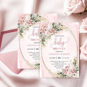 Convites Elegante Rosa Bege Floral Eucalipto Menina Bebê 