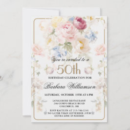 Convites Elegante Rosa Bege Pintada Floral 50º Aniversário