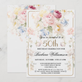 Convites Elegante Rosa Bege Pintada Floral 50º Aniversário