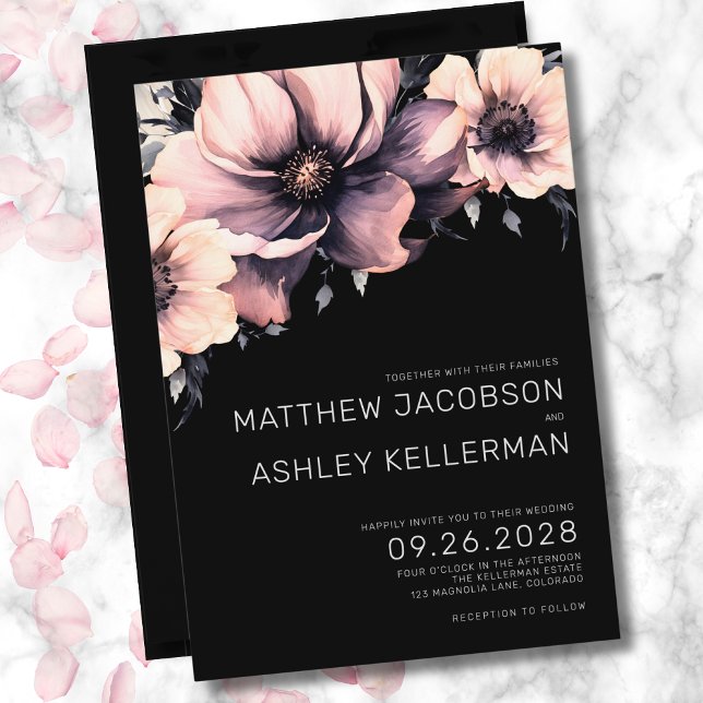 Convites Elegante Rosa Bege Preto Floral Casamento (Elegant Floral Blush Pink Black Wedding Invitation)