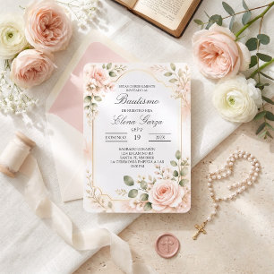 Convites Elegante Rosa Bege Rosa Botânica Batismo
