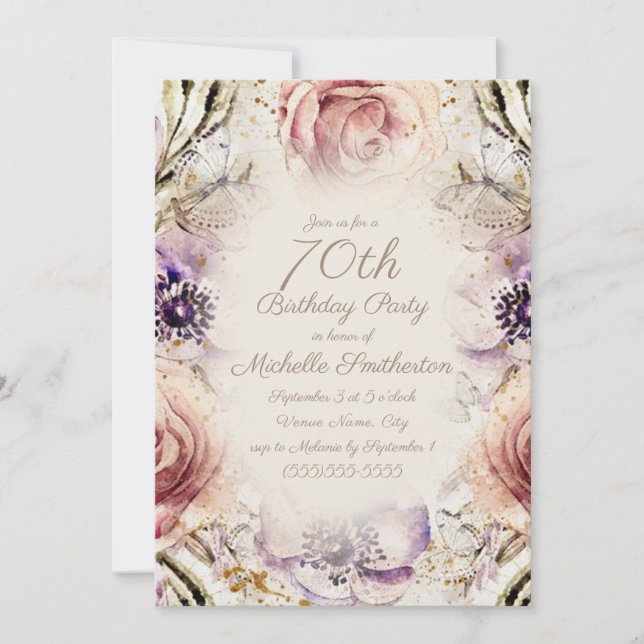 Convites Elegante Rosa Bege Roxo Script Aniversário de 70 a (Frente)