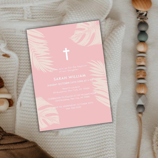 Convites Elegante Rosa Boho Sai do Batismo Cruzado (Elegant Dusty Pink Boho Leave Gold Cross Baptism Invitation)