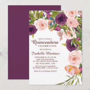 Convites Elegante Rosa Borgonha Floral Quinceañera