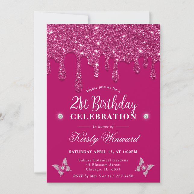 Convites Elegante Rosa Brilhante com Glitter Aniversário de (Frente)