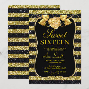 Convites Elegante Rosa brilhante preto Dourado brilhante 16