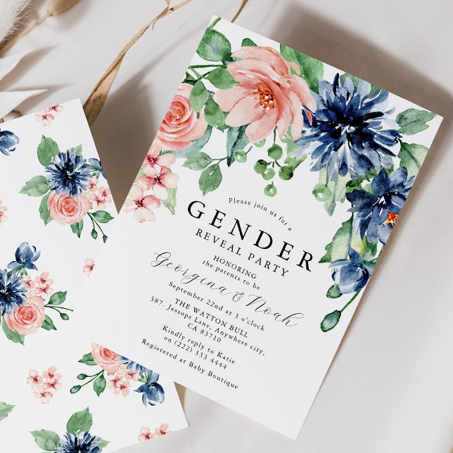 Convites Elegante Rosa & Bue Floral Baby Gender Party (Criador carregado)