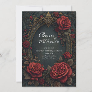 Convites Elegante Rosa Burgundy Dark Gótico Oval Casamento