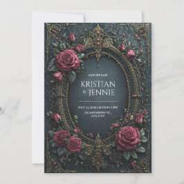 Convites Elegante Rosa Burgundy Dark Gótico Oval Casamento