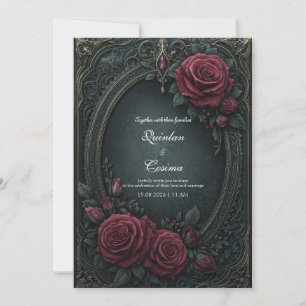 Convites Elegante Rosa Burgundy Dark Gótico Oval Casamento