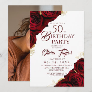 Convites Elegante Rosa Burgundy Dourado Floral 50º Anivers