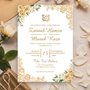 Convites Elegante Rosa Creme Dourado Renda Casamento Nikah