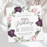 Convites Elegante Rosa de Aquarela Floral aniversário de 40<br><div class="desc">Um convite de festas de aniversário de 40 anos, suave e luxuoso, em que o ponto focal é uma coroa de delicados rosas de aquarela pintados em pintas de pincel suaves e roxas ricas de ameixa entrelaçadas com pintas de verde sábia. Esses elementos florais enquadram seu texto com um toque...</div>