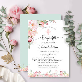 Convites Elegante Rosa de batismo Dourado, Mint Floral Conv