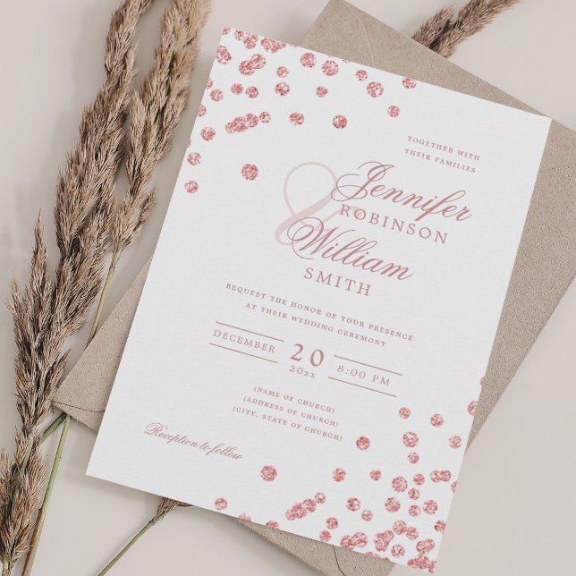 Convites Elegante Rosa de Casamento de Script Dourado Confe (Elegant Script Wedding Rose Gold Confetti QR RSVP Invitation)