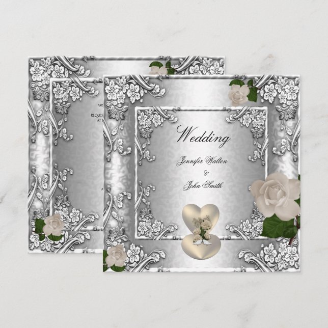 Convites Elegante Rosa de Casamento Prata Branco (Frente/Verso)