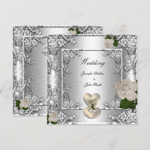 Convites Elegante Rosa de Casamento Prata Branco