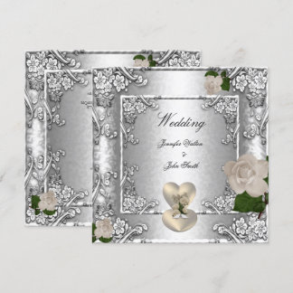 Convites Elegante Rosa de Casamento Prata Branco