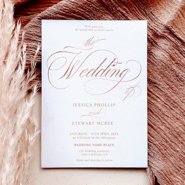 Convites elegante rosa de ouro, tudo em um casamento de cal (Rose gold elegant all in one calligraphy wedding invitation)