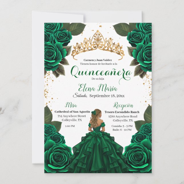 Convites Elegante Rosa de Quinceañera Verde, Literária Dour (Frente)
