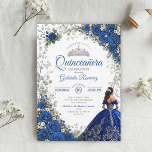 Convites Elegante Rosa de Quinze Anos em Azul Real e Prata