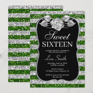 Convites Elegante Rosa de Silver Verde-Chic Sweet 16