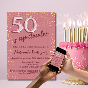 Convites Elegante Rosa Dourada Estilosa Aniversário de 50 a