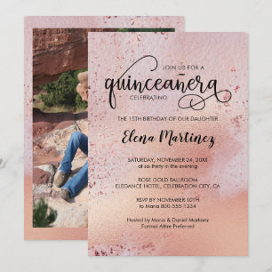 Convites Elegante Rosa Dourada Foto de Quinceanera