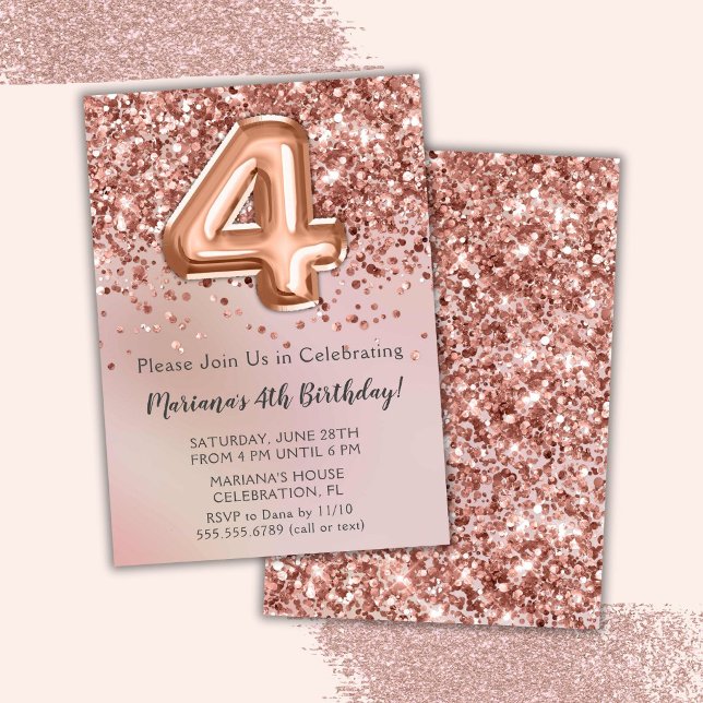 Convites Elegante Rosa Dourada Garota 4ª Festa de Aniversár (Criador carregado)